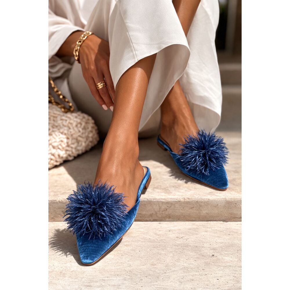 Aquazzura Royal Blue Velvet Pom-Pom Pointed Backless Mules